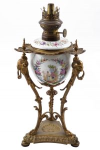 19TH Century French Oil Lamp With Rams Head Porcelain Louis XIV Style