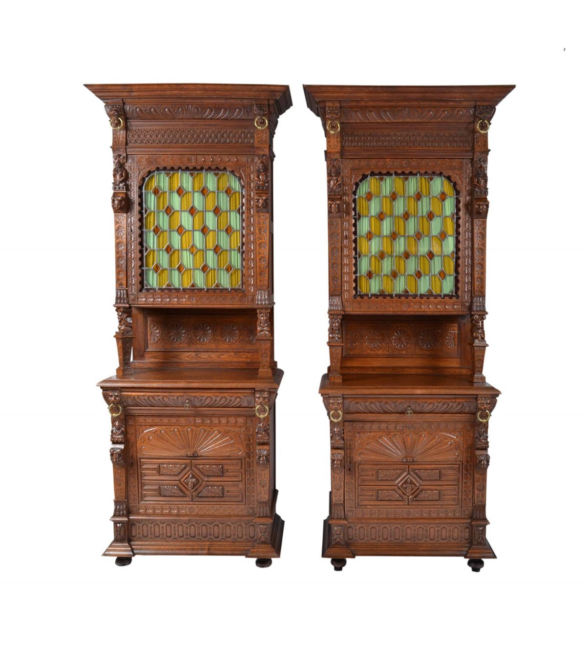 Pair Antique French Henri II Buffets Cabinets Stain Glass.19th Century France