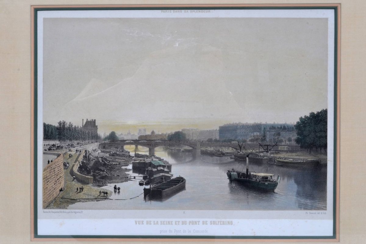 19TH C. French Lithograph. C. 1861. View Of The Seine And Pont De Solferina With Boats. Signed H. CHARPENTIER.