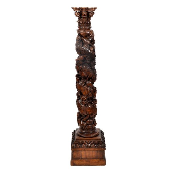 19th Century Antique Hand Carved Oak Pedestal Column . Ionic Capital Design. Ornate. European.