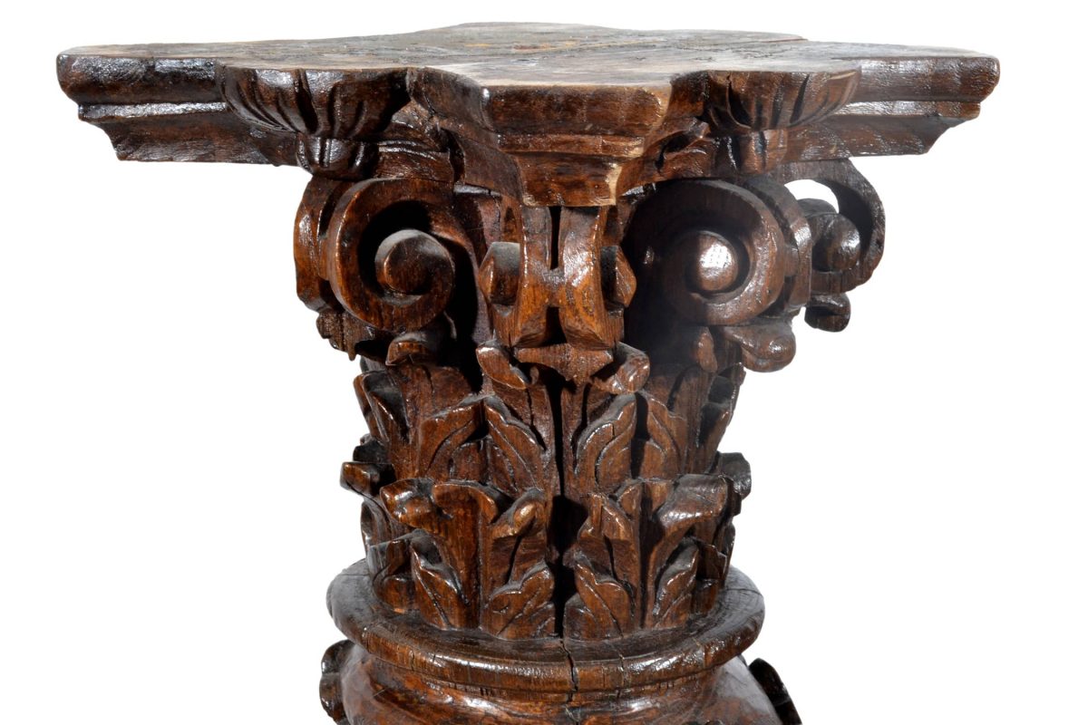 19th Century Antique Hand Carved Oak Pedestal Column . Ionic Capital Design. Ornate. European.