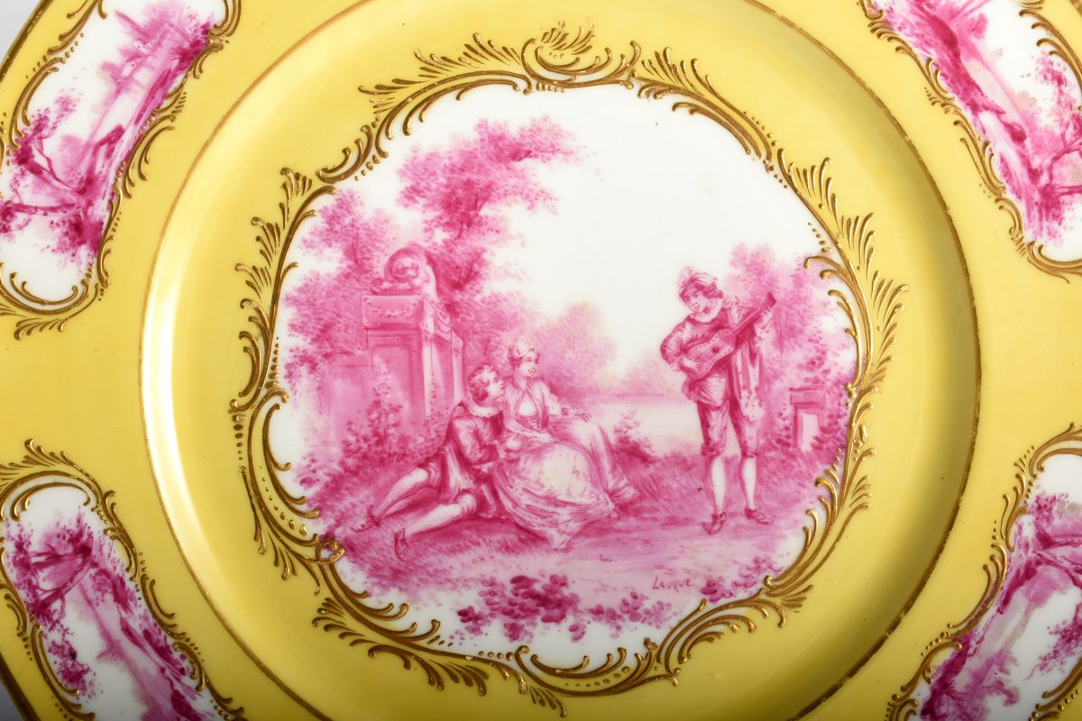 Antique Sevres Four Cabinet Plates Signed LAUQUE Hand Painted Gold Encrusted