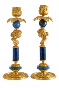 English Regency Style Figural Candlesticks Pair in Gilt Bronze Ormolu, Lapis Lazuli. 19th / 20th C.