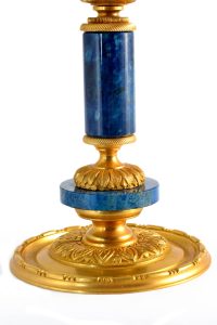 English Regency Style Figural Candlesticks Pair in Gilt Bronze Ormolu, Lapis Lazuli. 19th / 20th C.