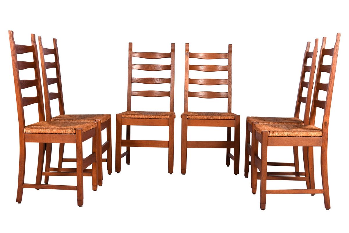 Set of Six Heavy Oak, Ladderback Rush Seat Country French Dining Chairs