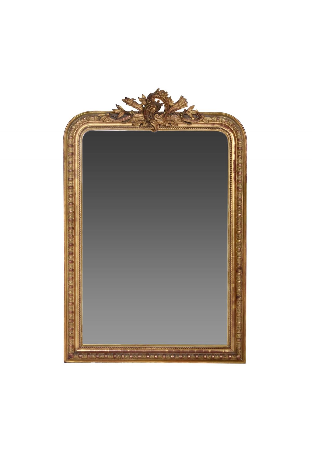 Antique French Gold Leaf Gilt Louis Philippe Style Mirror with Crest. France 19th Century.