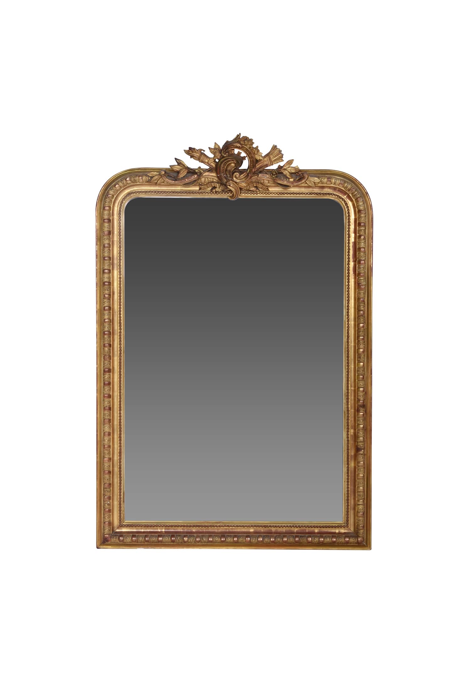 Antique French Gold Leaf Gilt Louis Philippe Style Mirror with Crest.  France 19th Century.