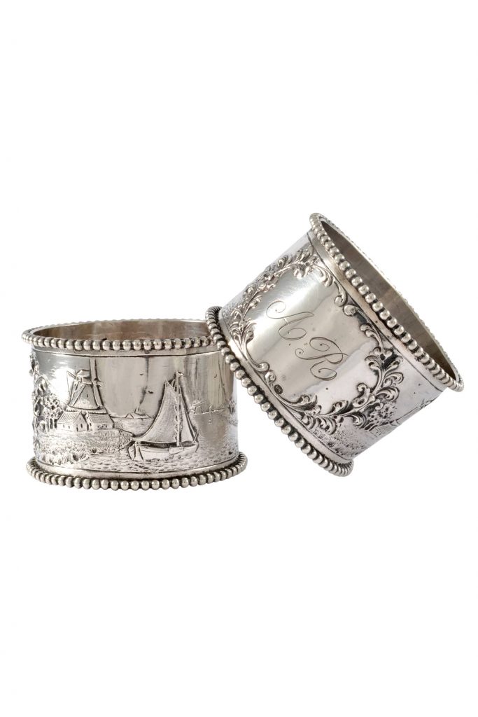 19th C. Pair of Napkin Rings, Dutch, Sterling Silver, Repousse