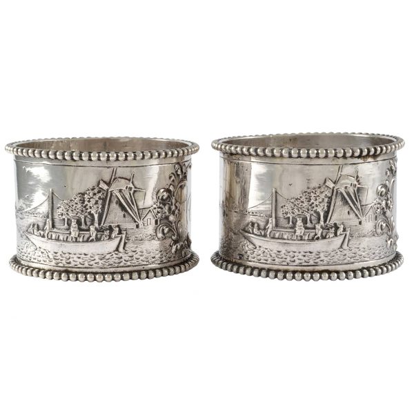 19th C. Pair of Napkin Rings, Dutch, Sterling Silver, Repousse
